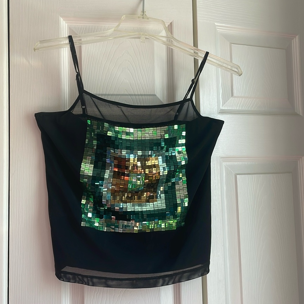 Shear black tank top w/ green sequins